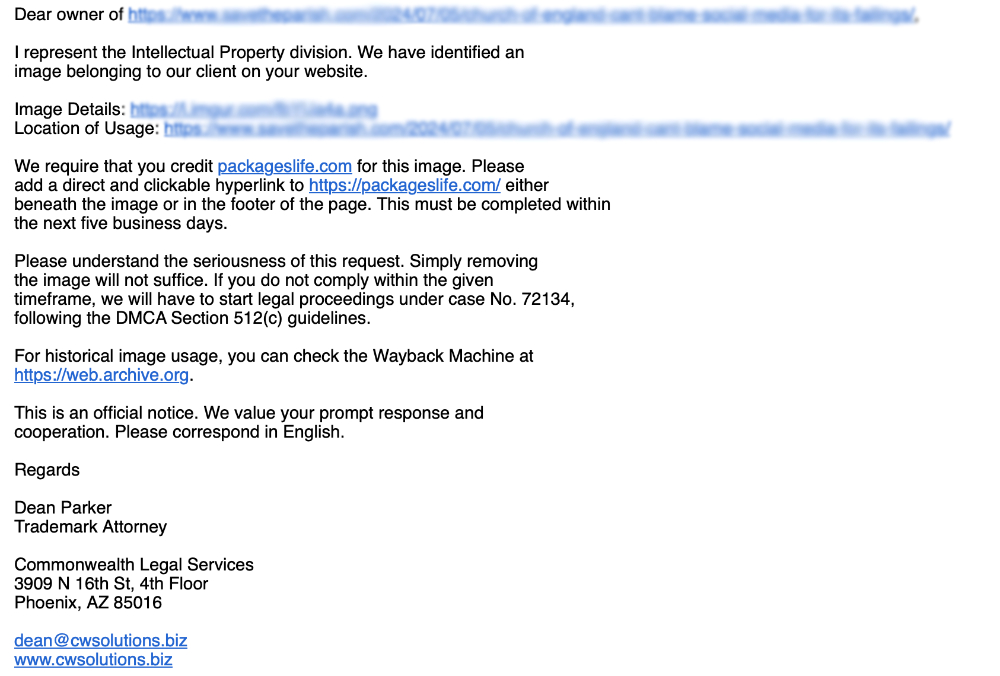 A scam email from Commonwealth Legal Services about copyright infringement.